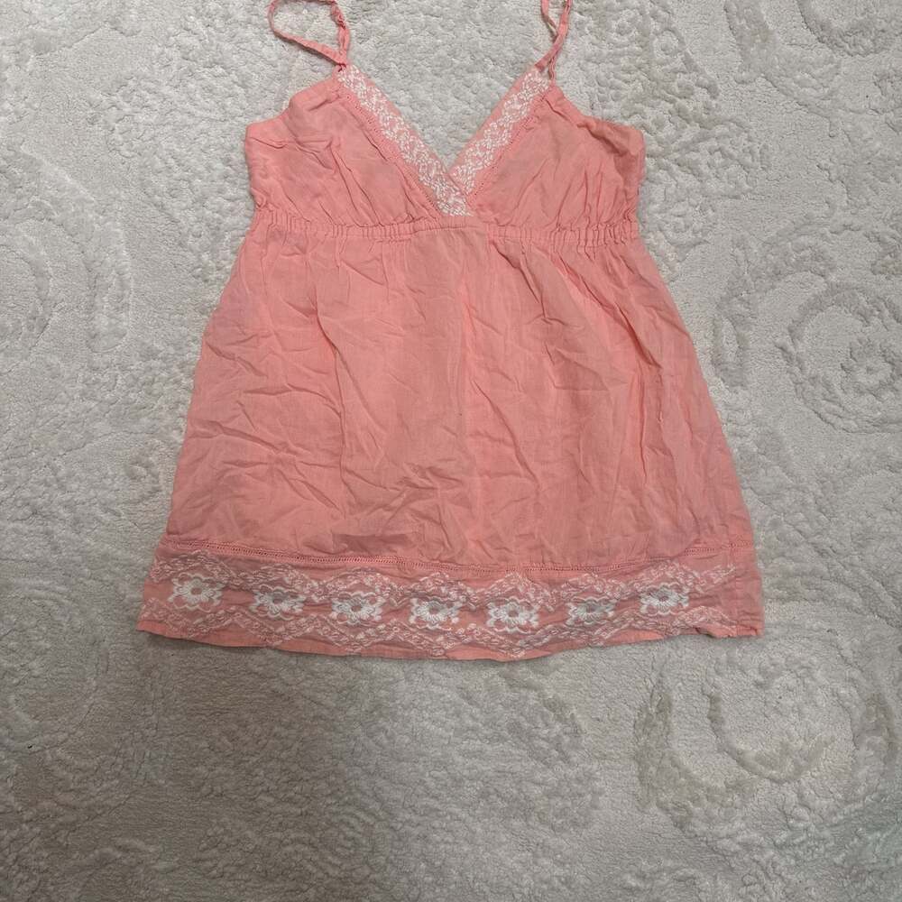 Pink Cami Top‎ with White Floral Lace Trim - Empire Waist